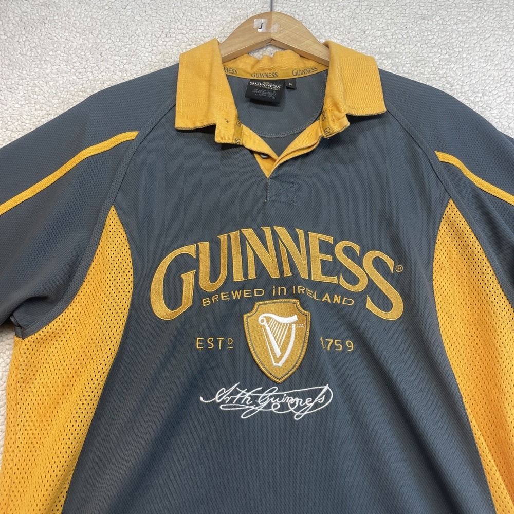 Guinness Polo Shirt Mens M Grey Yellow Rugby Jersey 1759 Brewed in Ireland Mesh